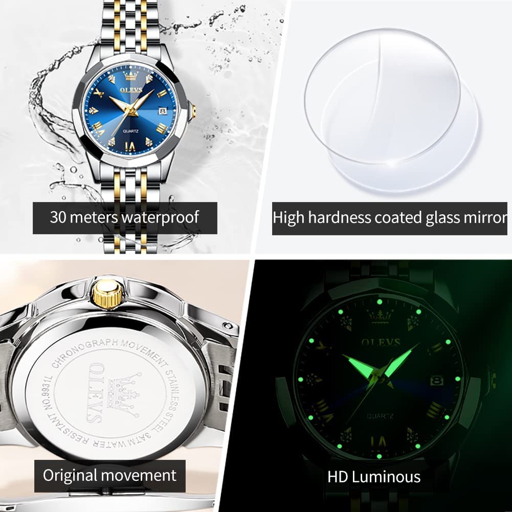 OLEVS Womens Watch Fashion Dress Diamond Female Watches for Ladies Analog Quartz Stainless Steel Waterproof Luminous Day Date Two Tone Wristwatch - Image 4
